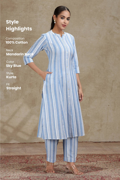 Sky Blue Striped Cotton A-Line Kurta