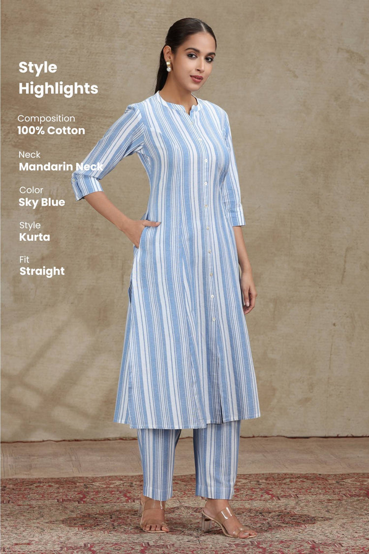 Sky Blue Striped Cotton A-Line Kurta
