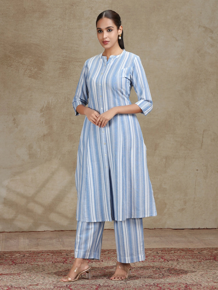Sky Blue Striped Cotton A-Line Kurta