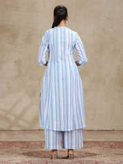 Sky Blue Striped Cotton A-Line Kurta