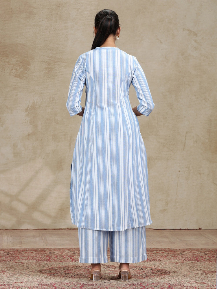 Sky Blue Striped Cotton A-Line Kurta