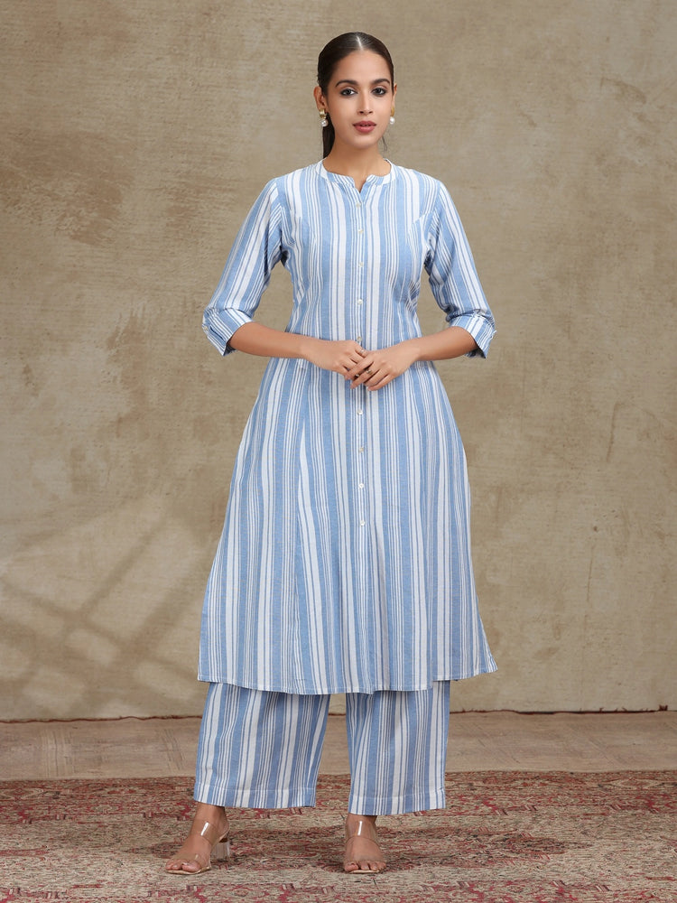 Sky Blue Striped Cotton A-Line Kurta