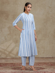 Sky Blue Striped Cotton A-Line Kurta