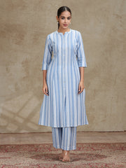 Sky Blue Striped Cotton A-Line Kurta