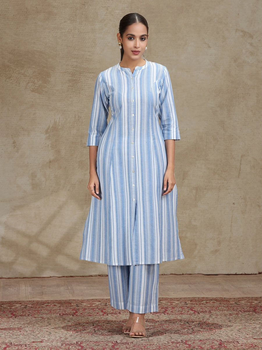 Sky Blue Striped Cotton A-Line Kurta