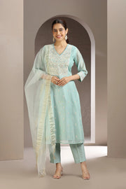 Sky Blue Chanderi Embroidered Kurta Pant and Dupatta Set