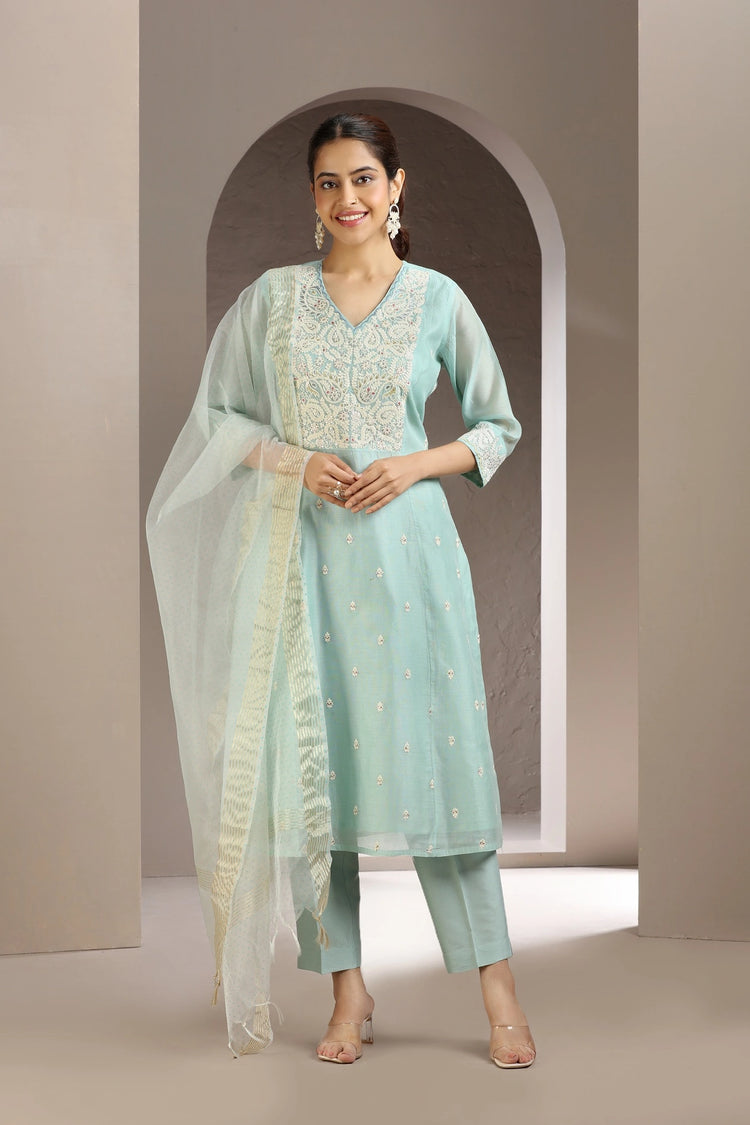 Sky Blue Chanderi Embroidered Kurta Pant and Dupatta Set
