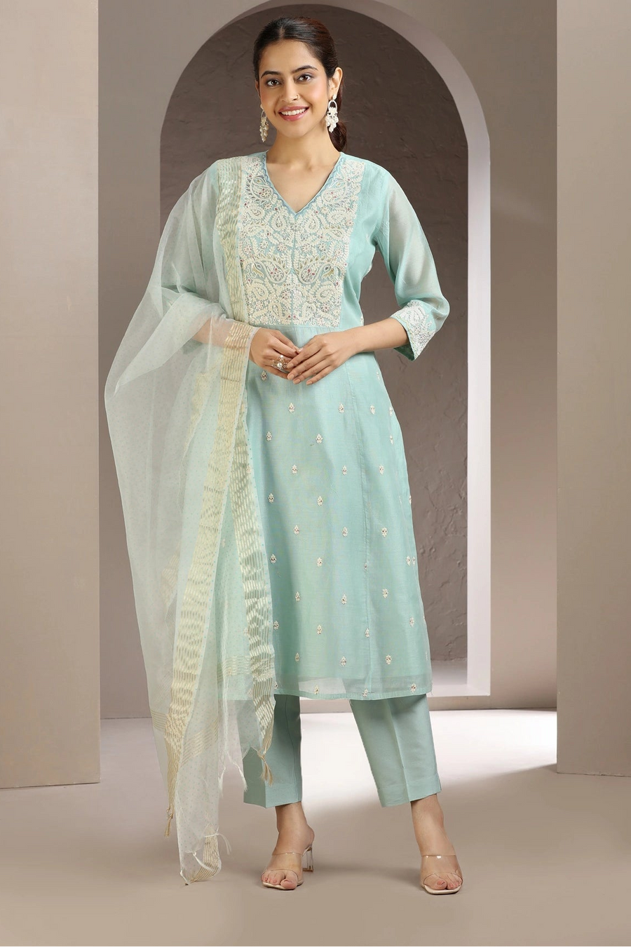 Sky Blue Embroidered Straight Ethnic Set
