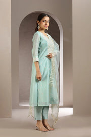 Sky Blue Chanderi Embroidered Kurta Pant and Dupatta Set