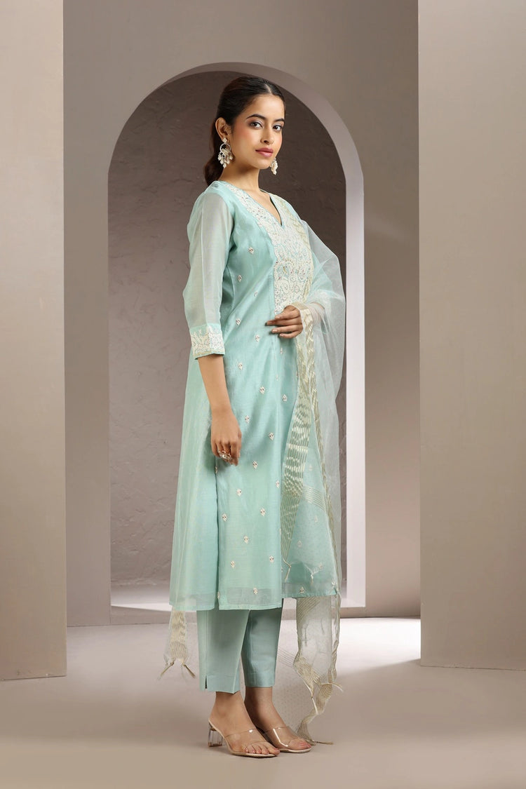 Sky Blue Chanderi Embroidered Kurta Pant and Dupatta Set