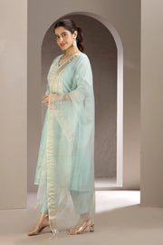 Sky Blue Chanderi Embroidered Kurta Pant and Dupatta Set