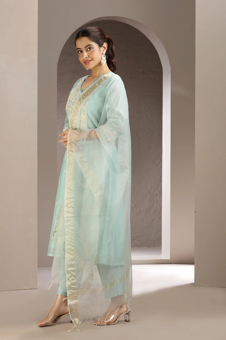 Sky Blue Chanderi Embroidered Kurta Pant and Dupatta Set