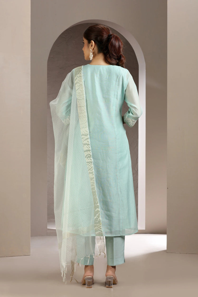 Sky Blue Chanderi Embroidered Kurta Pant and Dupatta Set