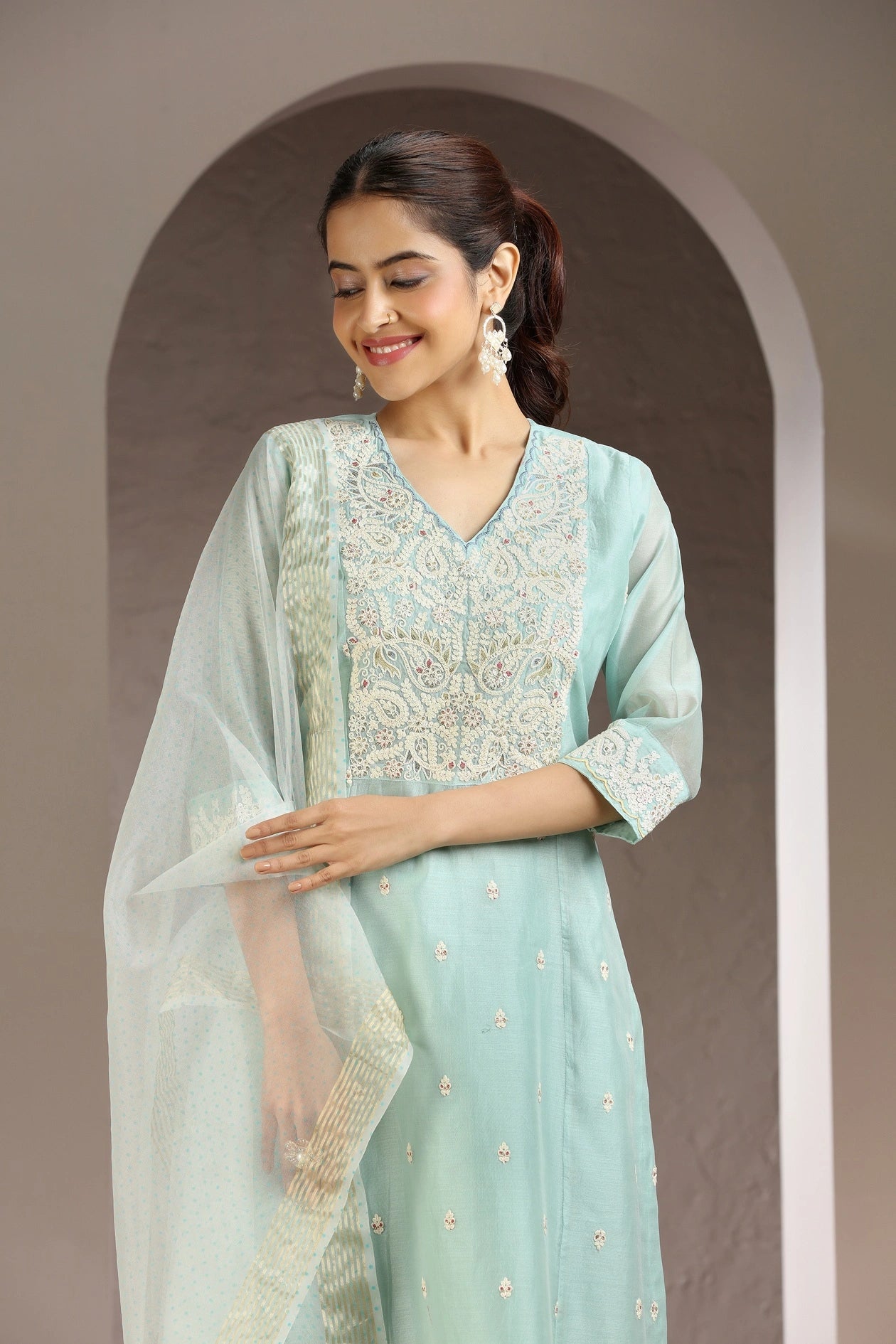 Sky Blue Embroidered Straight Ethnic Set