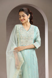 Sky Blue Chanderi Embroidered Kurta Pant and Dupatta Set