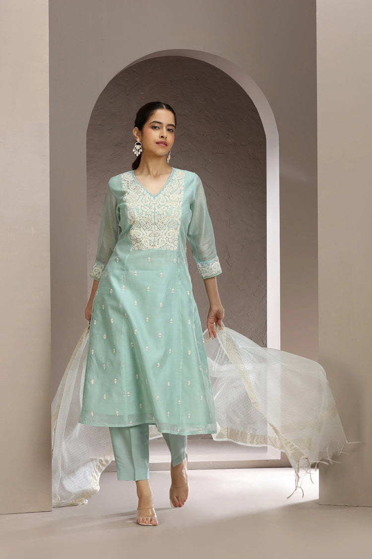 Sky Blue Chanderi Embroidered Kurta Pant and Dupatta Set