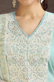 Sky Blue Chanderi Embroidered Kurta Pant and Dupatta Set