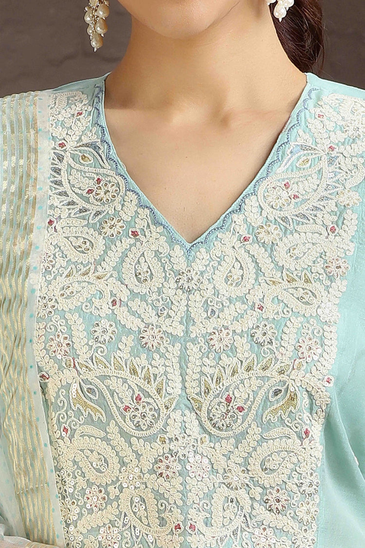 Sky Blue Chanderi Embroidered Kurta Pant and Dupatta Set