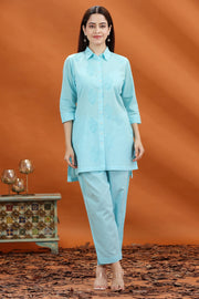 Sky Blue Flex Cotton Straight Embroidered Kurta and Pant Set