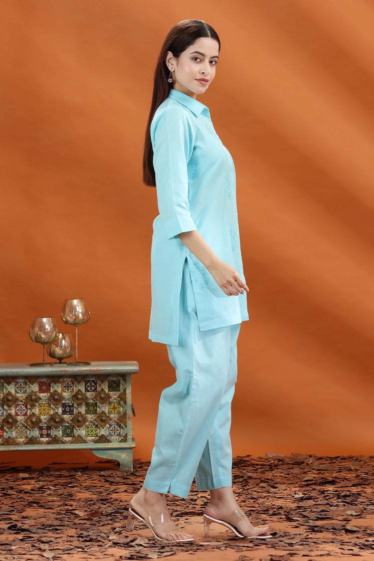 Sky Blue Flex Cotton Straight Embroidered Kurta and Pant Set