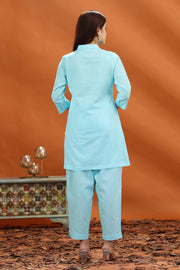 Sky Blue Flex Cotton Straight Embroidered Kurta and Pant Set