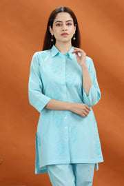 Sky Blue Flex Cotton Straight Embroidered Kurta and Pant Set