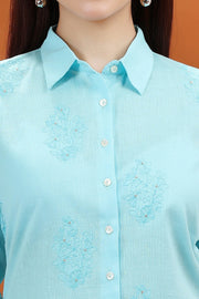 Sky Blue Flex Cotton Straight Embroidered Kurta and Pant Set