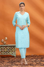 Sky Blue Slub Cotton Straight Embroidered Kurta and Pant Set