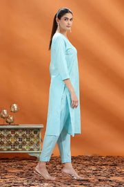 Sky Blue Slub Cotton Straight Embroidered Kurta and Pant Set