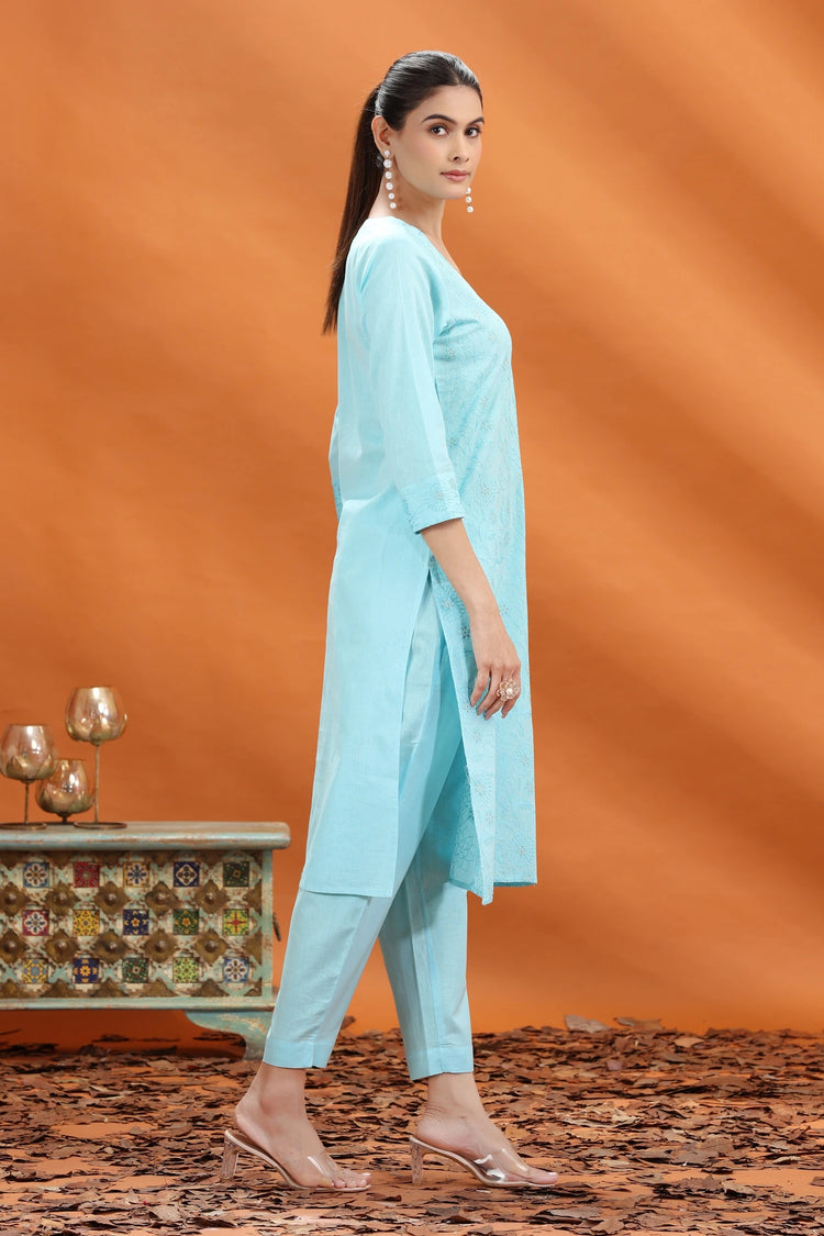 Sky Blue Slub Cotton Straight Embroidered Kurta and Pant Set