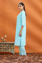 Sky Blue Slub Cotton Straight Embroidered Kurta and Pant Set