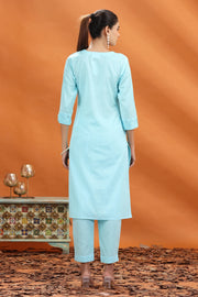 Sky Blue Slub Cotton Straight Embroidered Kurta and Pant Set