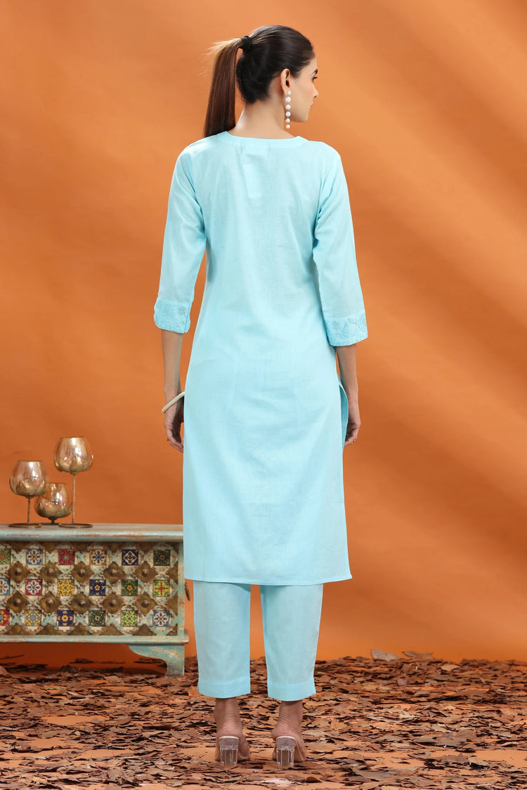 Sky Blue Slub Cotton Straight Embroidered Kurta and Pant Set