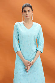Sky Blue Slub Cotton Straight Embroidered Kurta and Pant Set