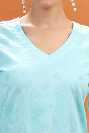 Sky Blue Slub Cotton Straight Embroidered Kurta and Pant Set