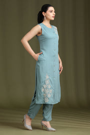 Soft Blue Embroidered Straight Co ord Set