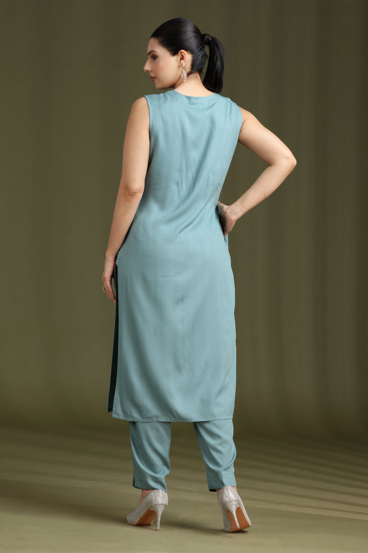 Soft Blue Embroidered Straight Co ord Set