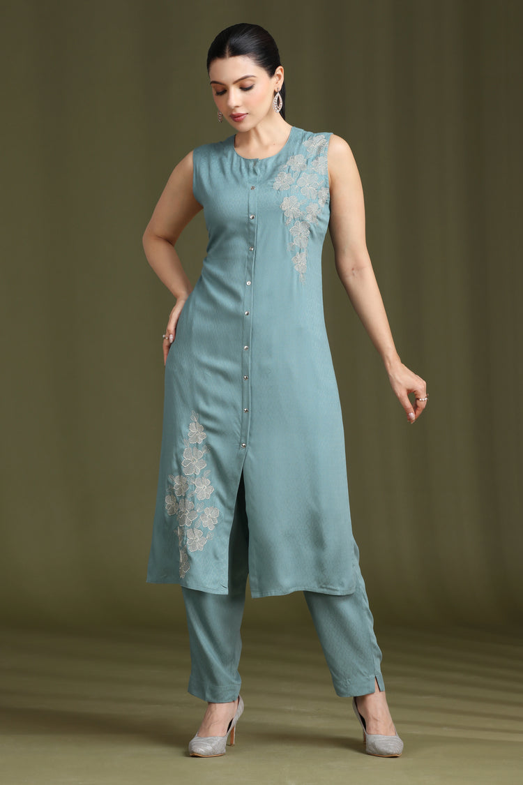 Soft Blue Embroidered Straight Co ord Set