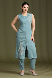 Soft Blue Embroidered Straight Co ord Set
