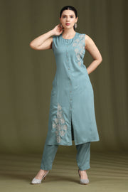 Soft Blue Embroidered Straight Co ord Set