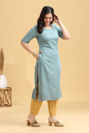 Soft Blue Embroidered Straight Kurta
