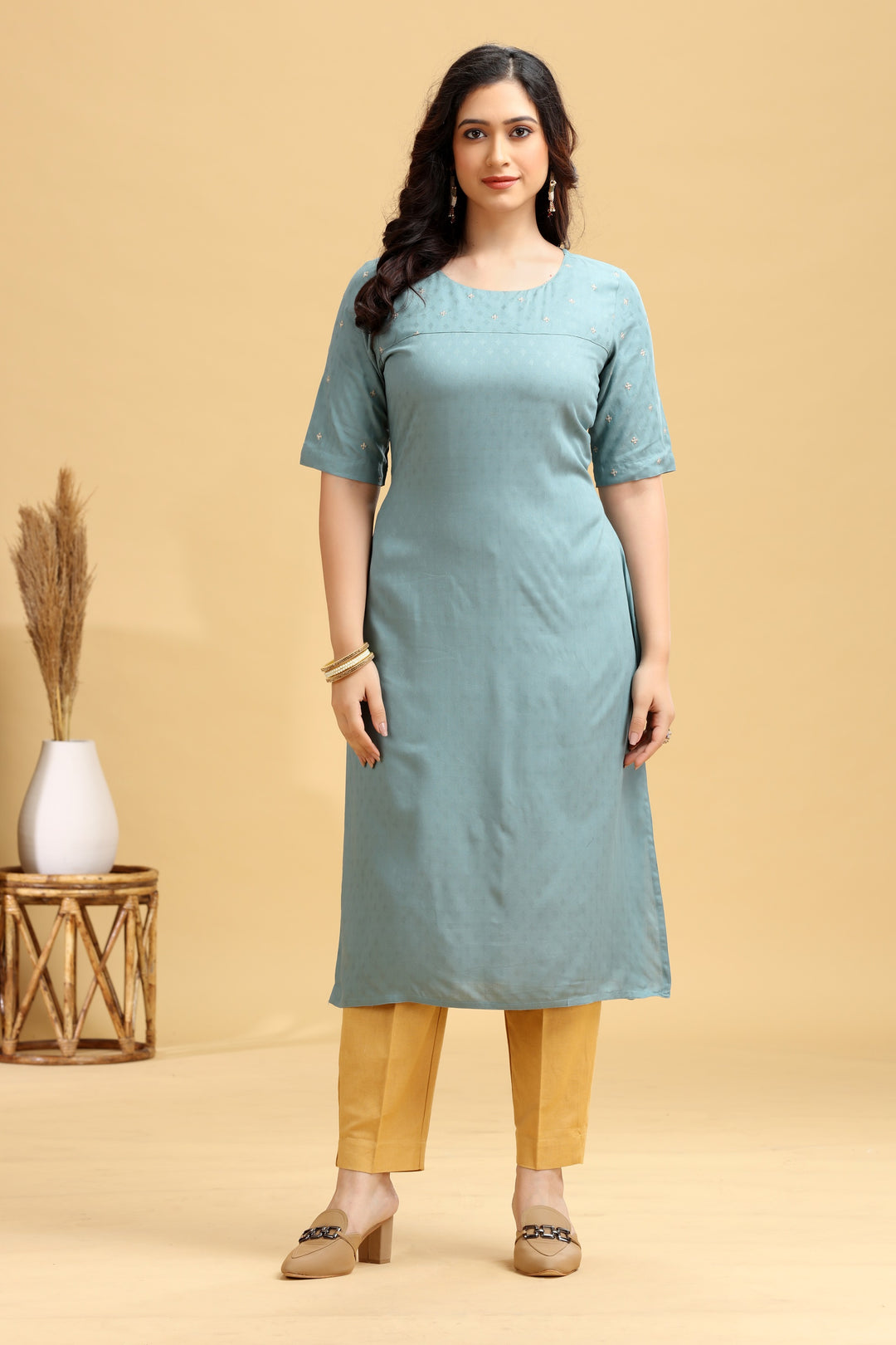 Soft Blue Embroidered Straight Kurta
