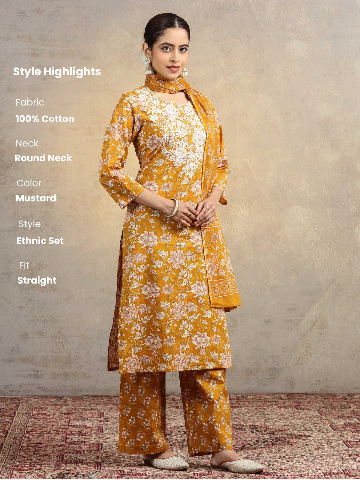 Mustard Floral Printed Pure Cotton Embroidered Straight Ethnic Suit Set