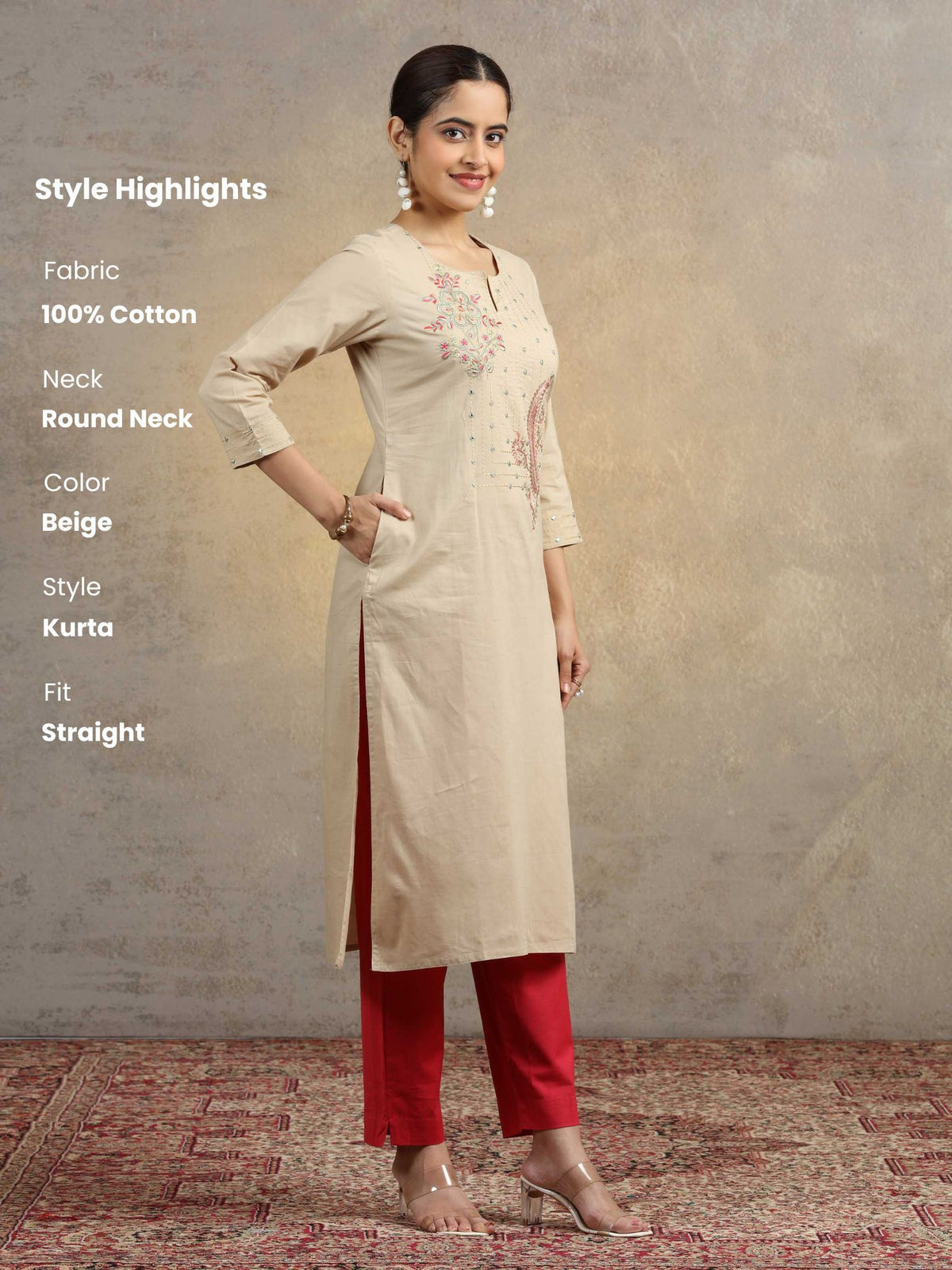 Beige Embroidered Pure Cotton Straight Fit Ethnic Kurta