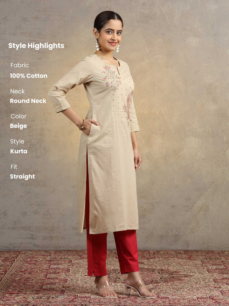Beige Embroidered Pure Cotton Straight Fit Ethnic Kurta