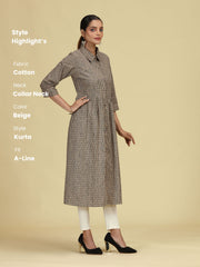 Beige Pure Cotton Printed A-Line Shirt Collar Kurta