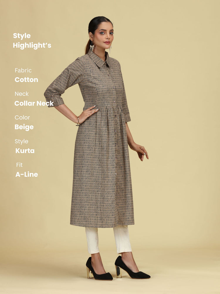 Beige Pure Cotton Printed A-Line Shirt Collar Kurta