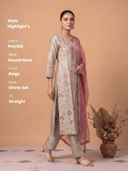Gray Floral Embroidered Straight Kurta Pant Dupatta Ethnic Set