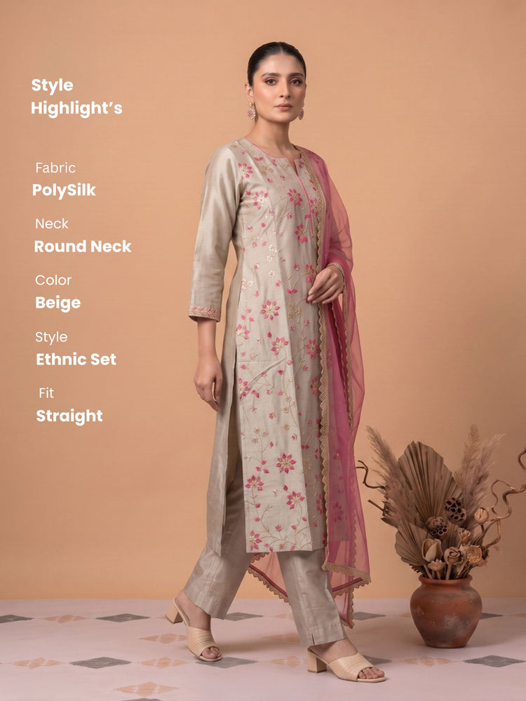 Gray Floral Embroidered Straight Kurta Pant Dupatta Ethnic Set