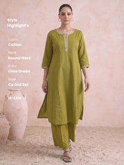 Lime Green Cotton Straight A Line Kurta Pant Co Ord Set